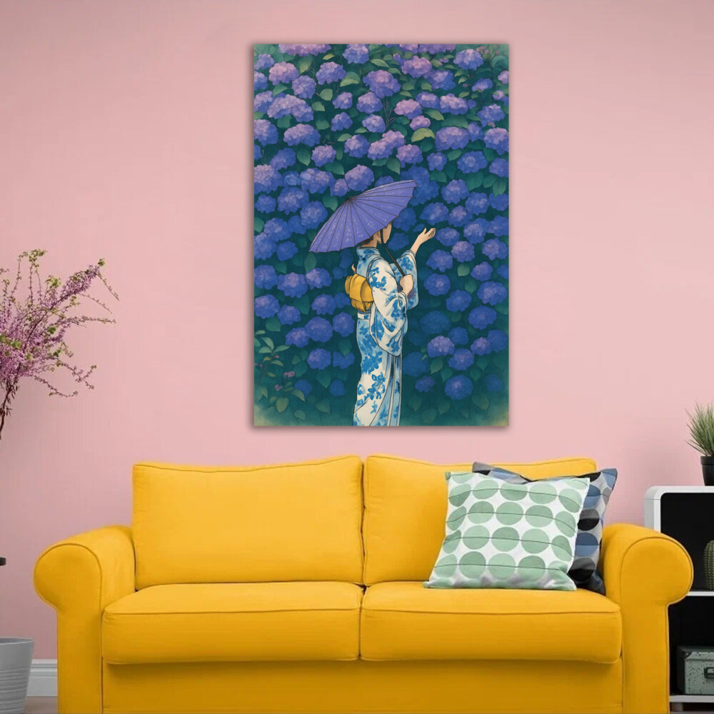 Girl in Kimono by a Wall of Flowers Aesthetic Art Print