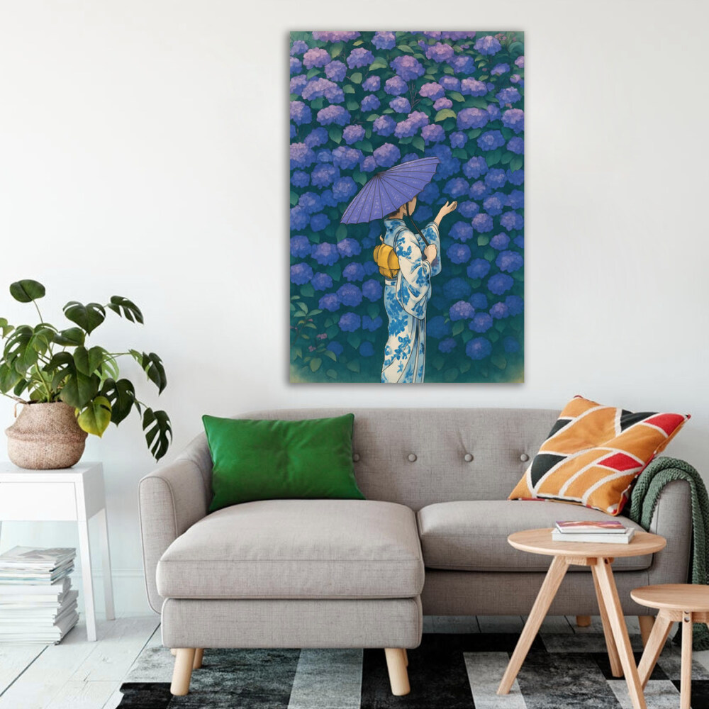 Girl in Kimono by a Wall of Flowers Aesthetic Art Print