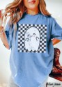 Comfort Colors® Retro Halloween Checkered Ghost Shirt, Cute Ghost Tee, Womens Halloween Shirt, Cute Fall Shirt, Spooky Season Gift For Her