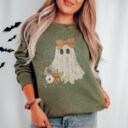 Halloween Lace Ghost Sweatshirt Ghost Bow Crewneck Coquette Halloween Sweater Spooky Fall Floral Long Sleeved Sweatshirt Cute Ghost Lovers