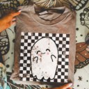 Comfort Colors® Retro Halloween Checkered Ghost Shirt, Cute Ghost Tee, Womens Halloween Shirt, Cute Fall Shirt, Spooky Season Gift For Her