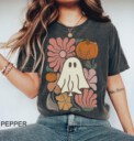 Comfort Colors, Boho Floral Fall T-shirt, Boho Ghost T-shirt, cute shirt for fall, Cute Halloween shirt, iprintasty Halloween