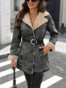Women’s Faux Shearling Lined Denim Jacket with Belt – Button Front Winter Jean Coat