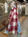Casual Hooded Plaid Long Coat, Button Front Sherpa Lined Shacket