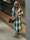 Casual Hooded Plaid Long Coat, Button Front Sherpa Lined Shacket