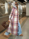Casual Hooded Plaid Long Coat, Button Front Sherpa Lined Shacket