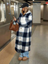 Casual Hooded Plaid Long Coat, Button Front Sherpa Lined Shacket