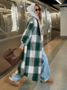Casual Hooded Plaid Long Coat, Button Front Sherpa Lined Shacket