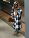 Casual Hooded Plaid Long Coat, Button Front Sherpa Lined Shacket