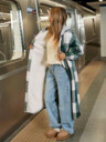 Casual Hooded Plaid Long Coat, Button Front Sherpa Lined Shacket