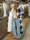 Casual Hooded Plaid Long Coat, Button Front Sherpa Lined Shacket