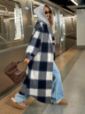 Casual Hooded Plaid Long Coat, Button Front Sherpa Lined Shacket