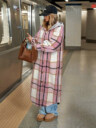 Casual Hooded Plaid Long Coat, Button Front Sherpa Lined Shacket