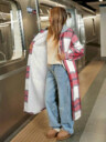 Casual Hooded Plaid Long Coat, Button Front Sherpa Lined Shacket