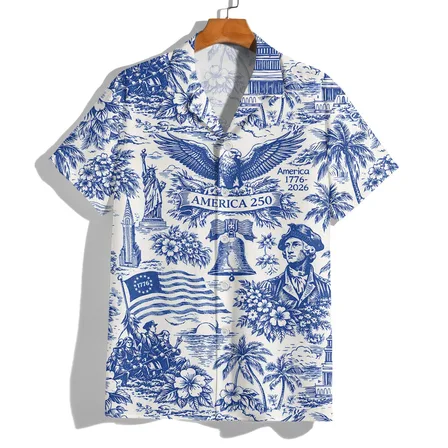 Vintage America 250 Hawaiian Shirt, Blue White Patriotic Eagle Liberty Bell 1776-2026 Retro America 250th Anniversary Camp Collar Shirt, US 250 Years Celebration 2026 Classic Blue White Toile America 250 Short Sleeve Button Up Shirt, Independence Day 2026