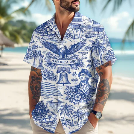 Vintage America 250 Hawaiian Shirt, Blue White Patriotic Eagle Liberty Bell 1776-2026 Retro America 250th Anniversary Camp Collar Shirt, US 250 Years Celebration 2026 Classic Blue White Toile America 250 Short Sleeve Button Up Shirt, Independence Day 2026