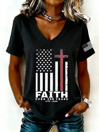 Faith Over 250 Years V-Neck T-Shirt, Black Patriotic America 1776-2026 Christian Cross Graphic Tee
