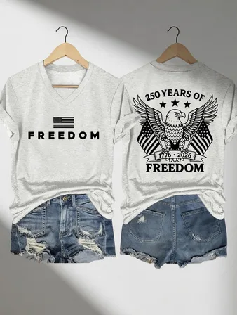 Retro White Freedom Eagle America 250 Tee, Patriotic 1776-2026 Bald Eagle V-Neck T-Shirt