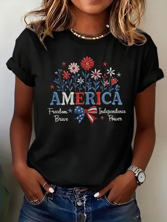 Black America Floral T-Shirt, Patriotic 250 Years of Freedom Embroidered Graphic Tee Independence Day