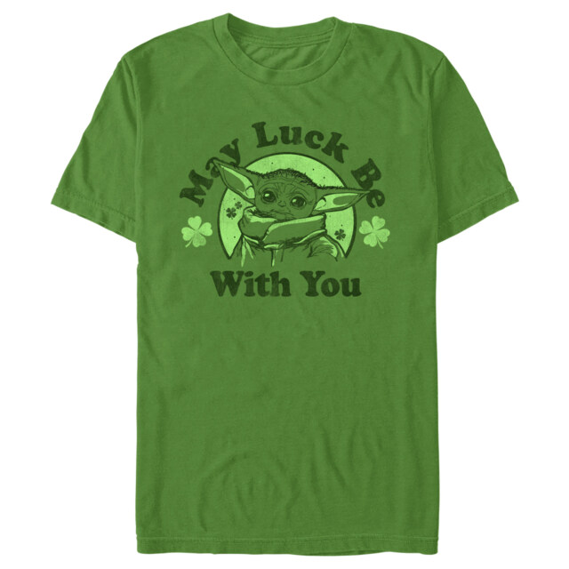 Men's Star Wars: The Mandalorian St. Patrick's Day Grogu May Luck be with You Distressed  Adult T-Shirt
