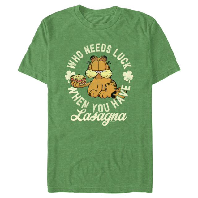 Men's Garfield St. Patrick's Day Who needs Luck when You have Lasagna  Adult T-Shirt