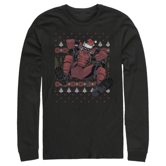Men's Marvel Deadpool Santa Hat Ugly Sweater Holiday  Adult Long Sleeve Shirt