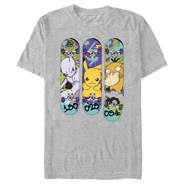 Men's Pokemon Mewtwo, Pikachu, and Psyduck Skateboard Decks  Adult T-Shirt