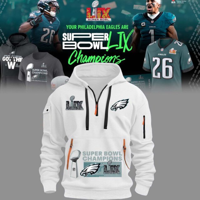 Stocktee Philadelphia Eagles Super Bowl LIX Champions Limited Edition WHITE 2D Quarter Zip Hoodie Sizes S - 5XL GTS013118