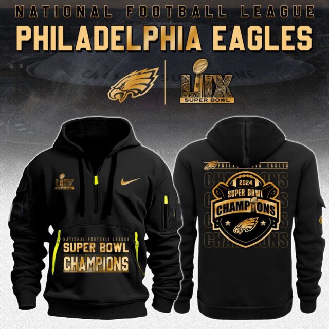 Stocktee Philadelphia Eagles Super Bowl LIX Champions Limited Edition BLACK 2D Quarter Zip Hoodie Sizes S - 5XL GTS013178