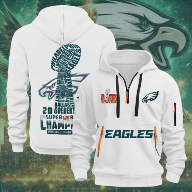 Stocktee Philadelphia Eagles Super Bowl LIX Champions Limited Edition WHITE 2D Quarter Zip Hoodie Sizes S - 5XL GTS013177