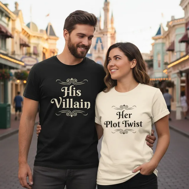 His Villain / Her Plot Twist Matching Couples Vacation T-Shirt Set