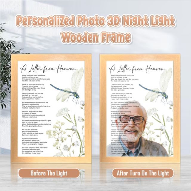 A Letter From Heaven Personalized Photo 3D Art Led Light Wooden Frame Night Light Decoration, Add Deceased Loved One To Photo, Memorial Gift for Dad Mom