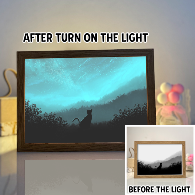 Cat Under The Blue Night Sky 4D Art Led Light Wooden Frame Night Light Decoration