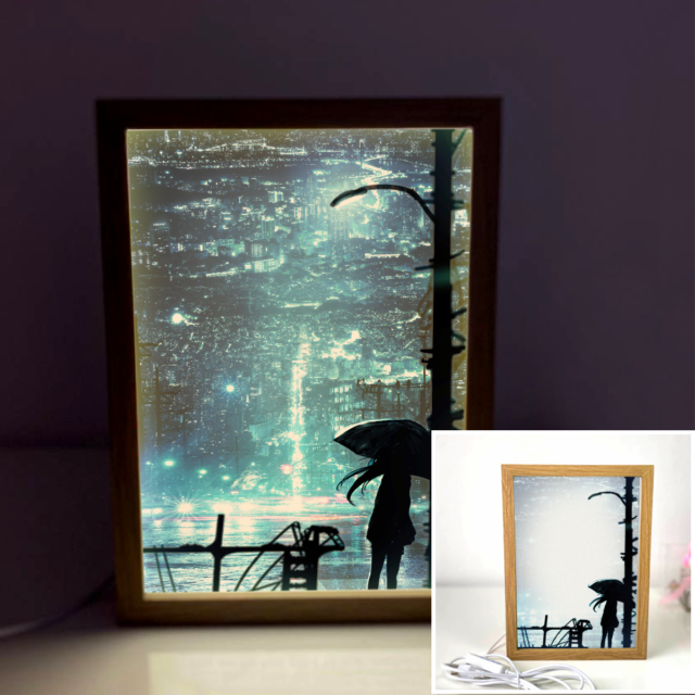 Holding Umbrella In The Rainy Day 4D Art Led Light Wooden Frame Night Light Decoration