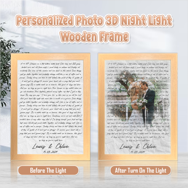  Personalized Your Favorite Song Lyrics, Poem Or Vows With Photo 3D Led Light Wooden Frame Night Light Decoration, 1st Anniversary Gift For Wife Husband, Wedding Gift Idea