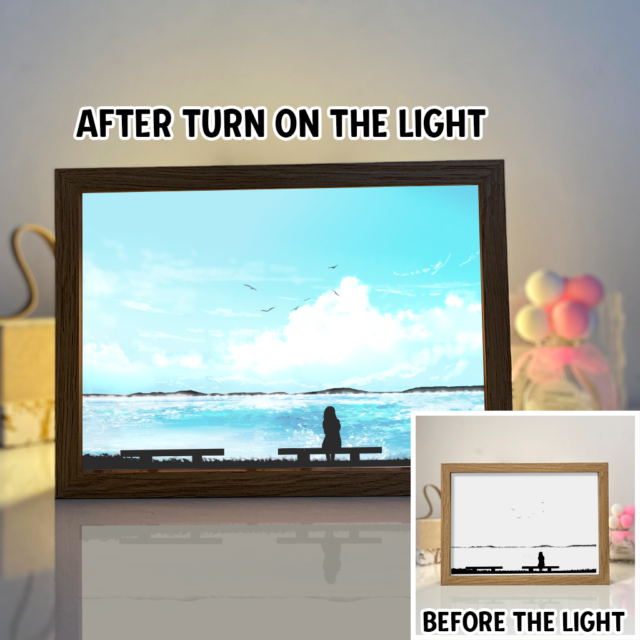 A Girl Sitting On The Chair Beside The Sea Looking In The Sky 4D Art Led Light Wooden Frame Night Light Decoration