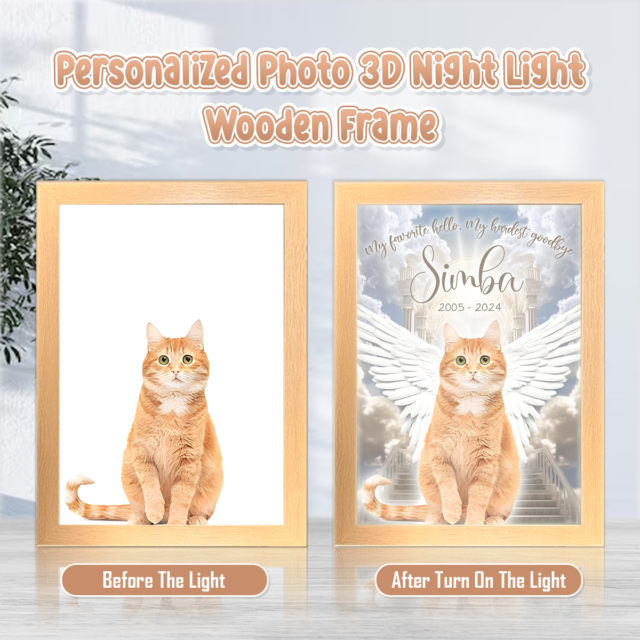 Personalized Pet Photo, Name And Date 3D Led Light Wooden Frame, Memorial Gift for Pet Lovers