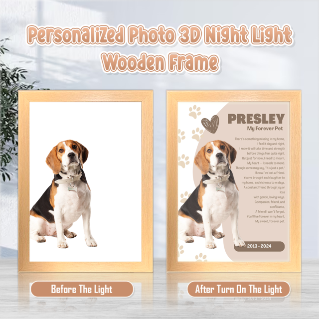My Forever Pet Poem Personalized Photo 3D Led Light Wooden Frame Night Light Decoration, Custom Pet Name And Photo, Memorial Gift for  Pet Lovers