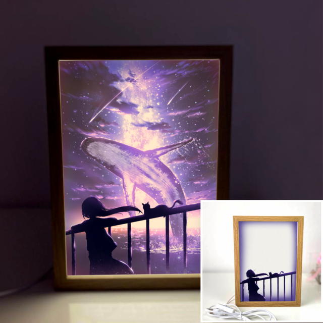 The Whale Jumped Out In A Purple Sky 4D Art Led Light Wooden Frame Night Light Decoration