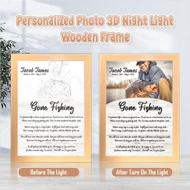 Gone Fishing Poem Personalized Photo 3D Led Light Wooden Frame Night Light Decoration, Add Deceased Loved One To Photo, Memorial Gift for Dad Mom