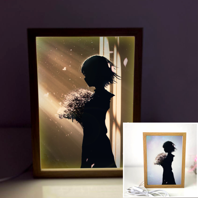 Light Through A Girl Holding Flowers 4D Art Led Light Wooden Frame Night Light Decoration