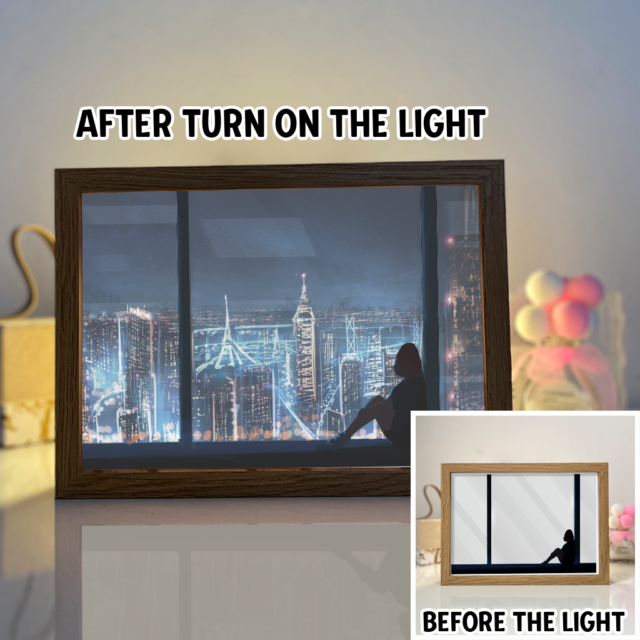 Beside The Window Looking At The City 4D Art Led Light Wooden Frame Night Light Decoration