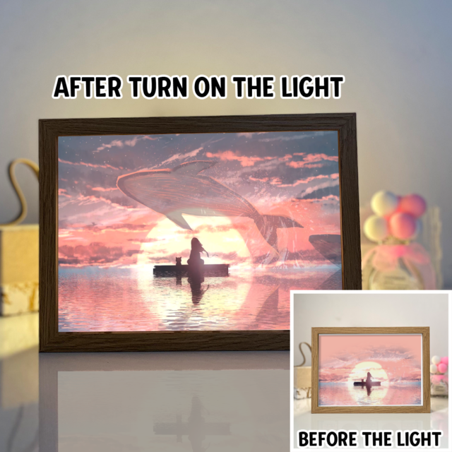 Chilling At The Middle Of The Sea When The Whale Showed Up 4D Art Led Light Wooden Frame Night Light Decoration