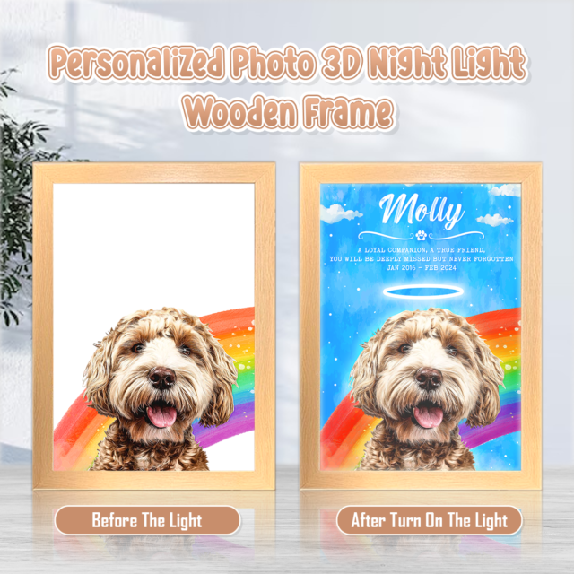 Personalized Pet Name, Photo And Quote On Rainbow Background For Memorial 3D Led Light Wooden Frame Gift for Pet Lovers And Dog Lovers