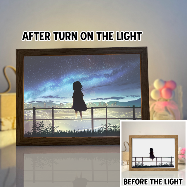 A Girl Sitting On The Stairway Looking In The Sky 4D Art Led Light Wooden Frame Night Light Decoration
