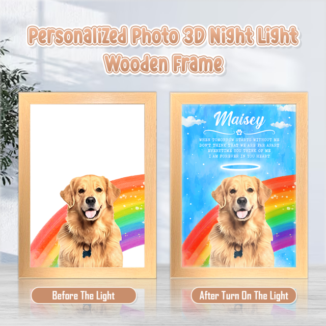 Personalized Pet Name And Photo And Quote On Rainbow Background For Memorial Led Light Wooden Frame Gift for Pet Lovers And Dog Lovers