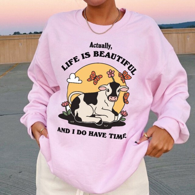 Retro Cow Happy Quote Sweatshirt, Trendy Jumper, Cute Teen Cewneck, Positive Farm Animal Crewneck, Cottagecore Colorful Clothes, Unisex