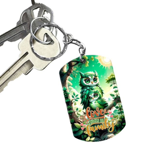 Love Makes Us Family - Green Owl Acrylic Keychain | Cute & Inspirational Gift