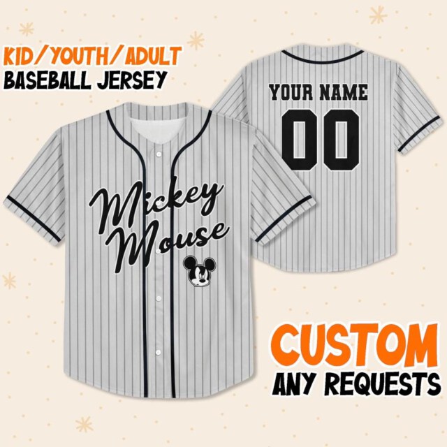 Personalize Disney Mickey Mouse Sample Striped Grey Baseball Jersey