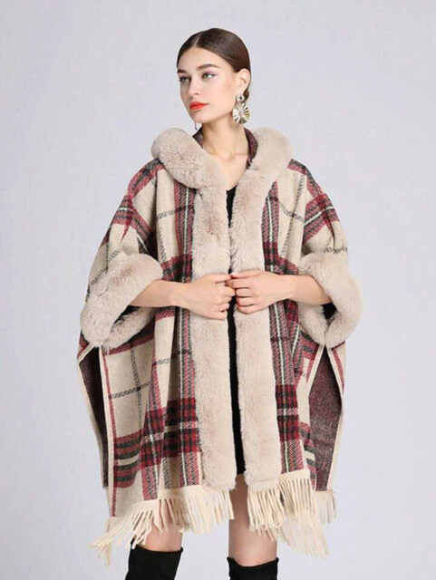 Plaid Hooded Faux Fur Trim Poncho – Cozy Autumn & Winter Style